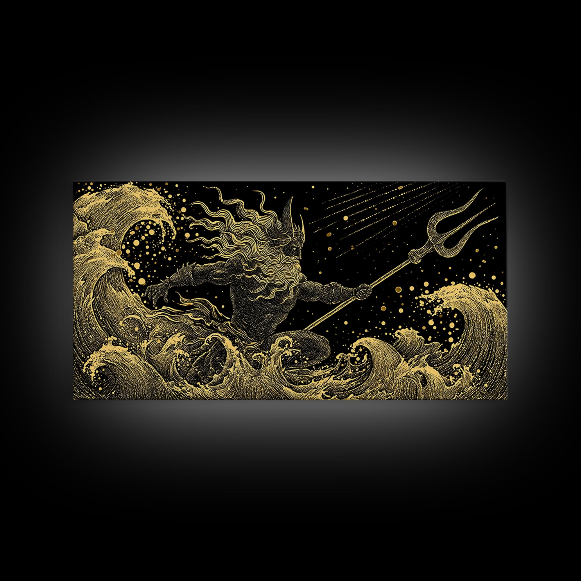Poseidon Sea Serpent Battle Gold Canvas Print, Greek Mythology Wall Art, Real Wood Frame, Ocean Lover Gift