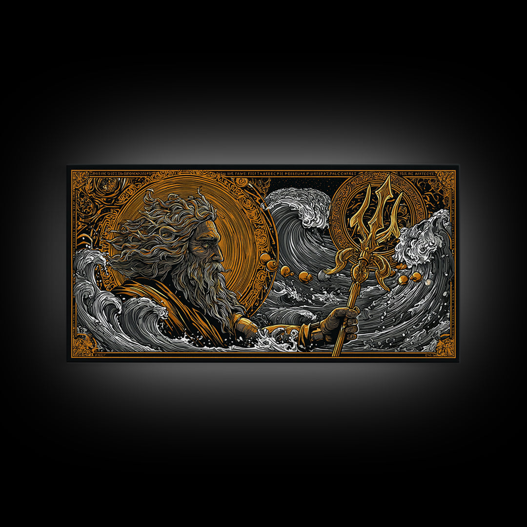 Poseidon Ocean Waves Gold Canvas Art, Greek God Canvas Print, Sea Mythology Wall Decor, Real Wood Frame, Nautical Gift