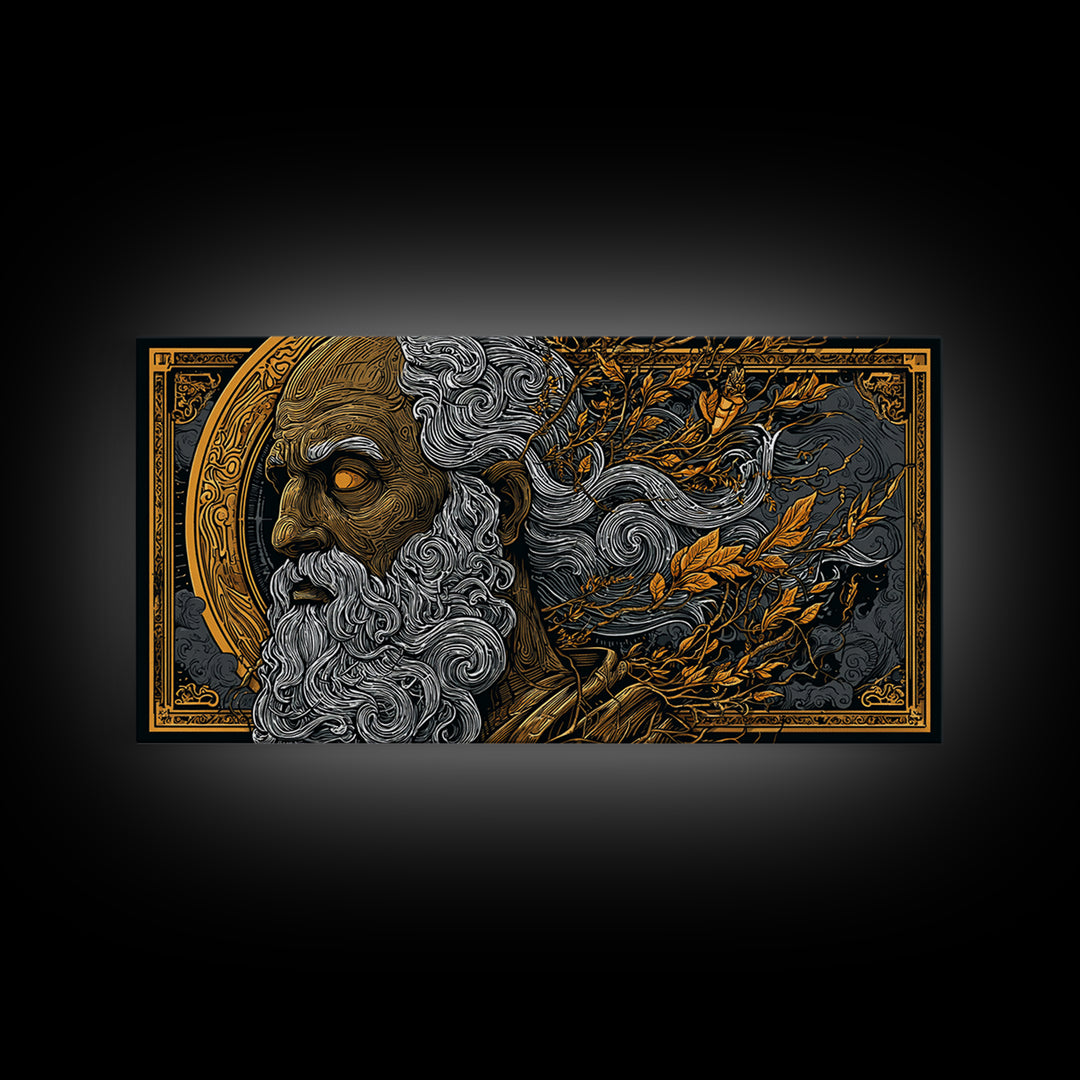 Socrates Gold Canvas Print, Real Wood Framed Greek Philosophy Wall Art, Luxury Mythology Inspired Canvas Artwork