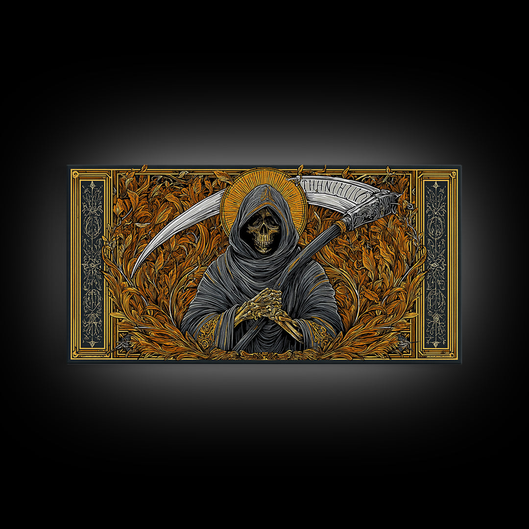 Thanatos Gold Canvas Print, Real Wood Framed Greek Myth Wall Art, Grim Reaper Death Figure Decorative Canvas Artwork