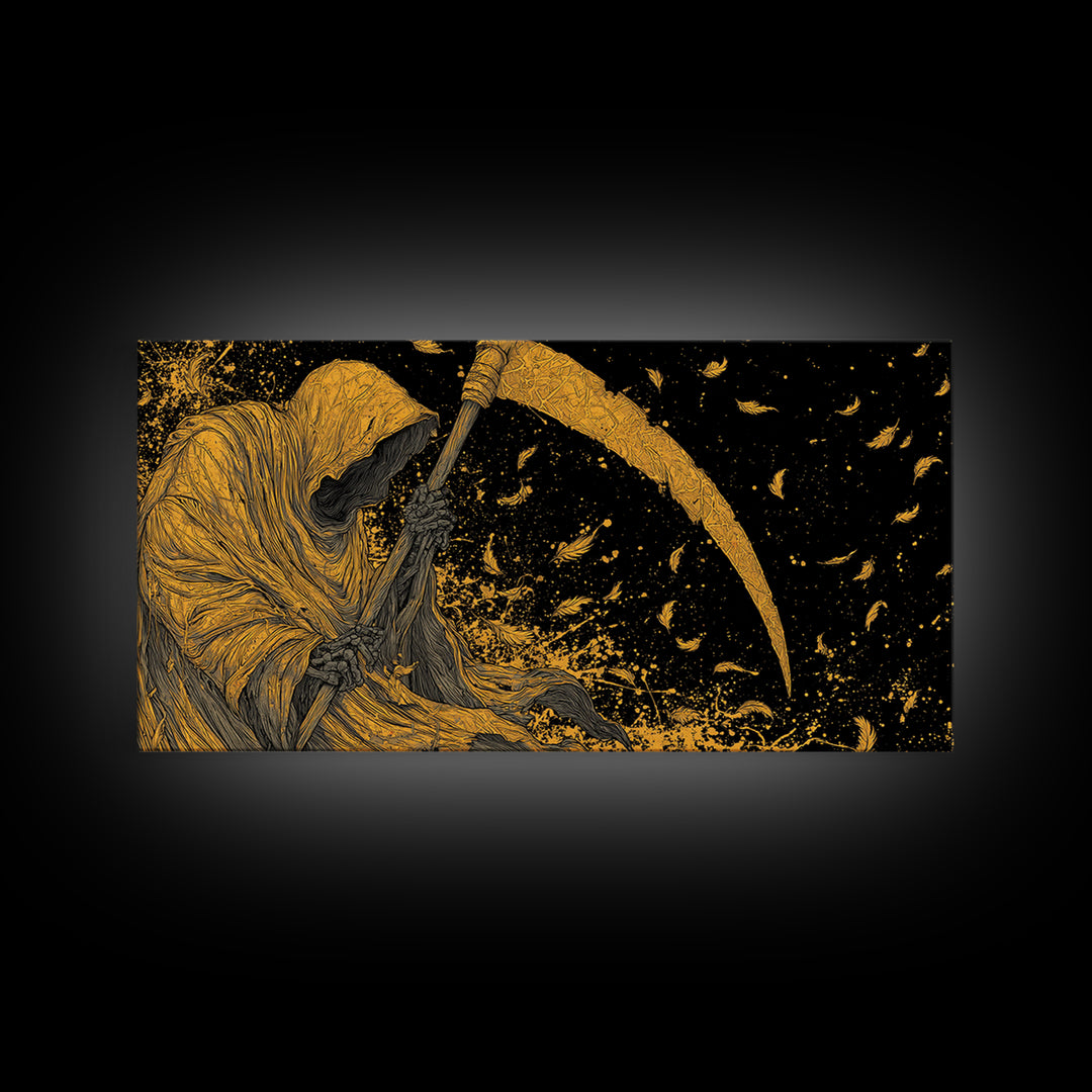 Thanatos Gold Canvas Print, Real Wood Framed Greek Myth Wall Decor, Death Scythe Dark Art Luxury Canvas Wall Artwork