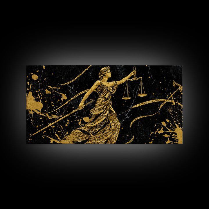 Themis Gold Canvas Print, Real Wood Framed Greek Justice Wall Art, Scales Of Justice Mythology Inspired Canvas Artwork
