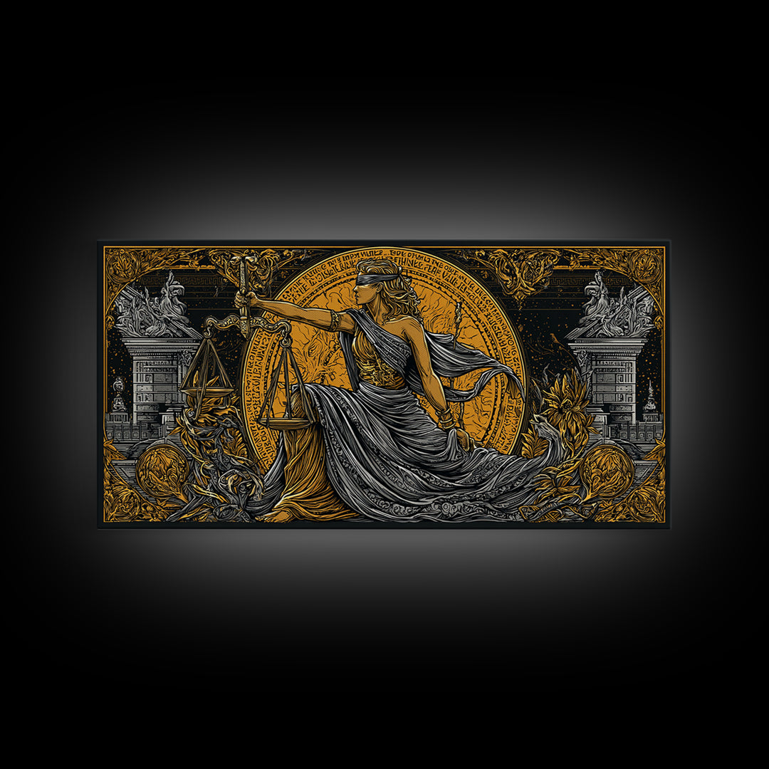 Themis Gold Canvas Print, Real Wood Framed Greek Justice Wall Decor, Blindfolded Lady With Scales Canvas Wall Artwork
