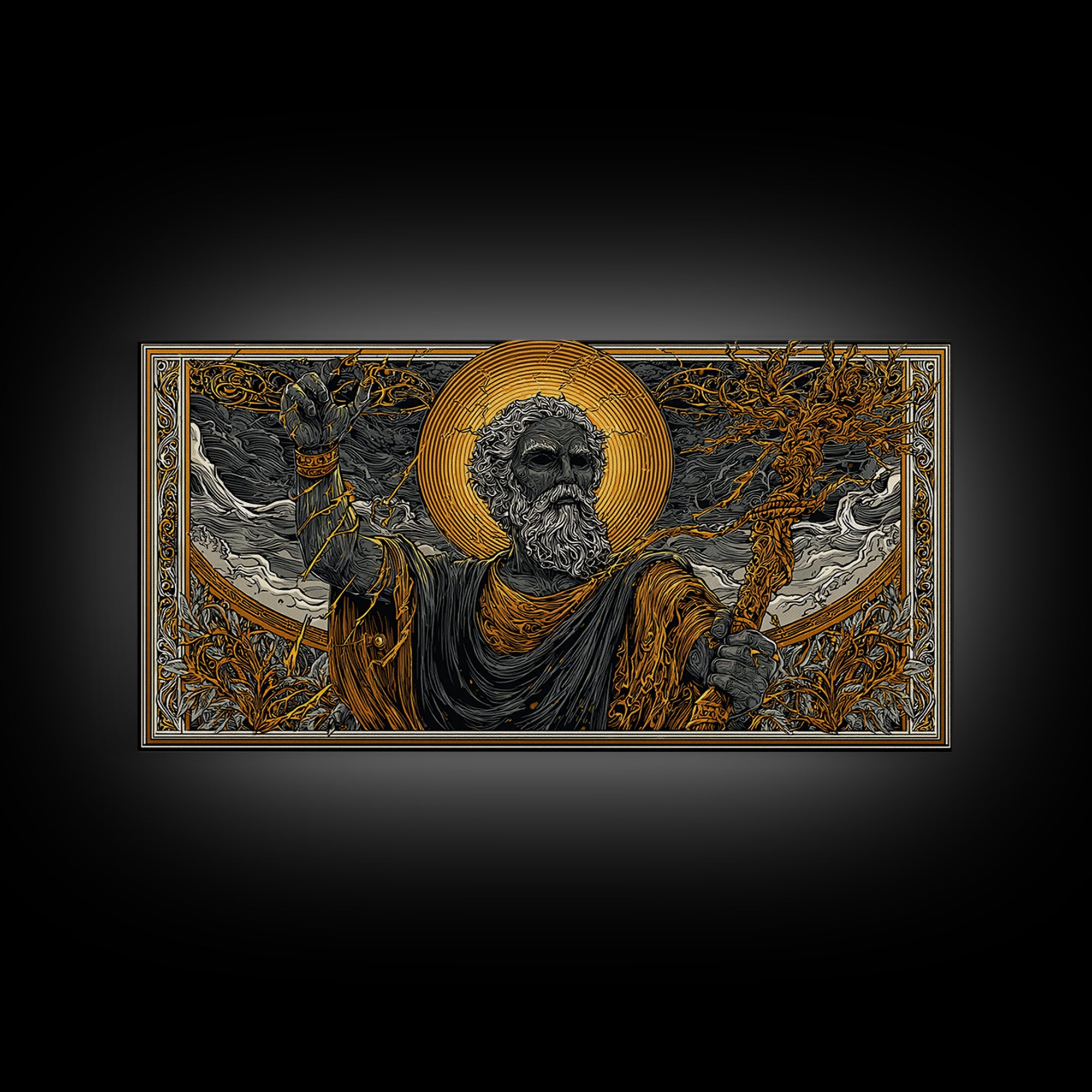 Zeus Gold Canvas Print, Real Wood Framed Greek God Of Thunder Wall Art, Lightning Bolt Mythology Decorative Canvas Artwork