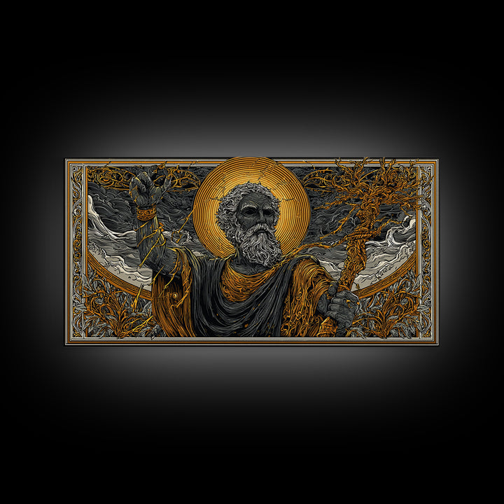 Zeus Gold Canvas Print, Real Wood Framed Greek God Of Thunder Wall Art, Lightning Bolt Mythology Decorative Canvas Artwork