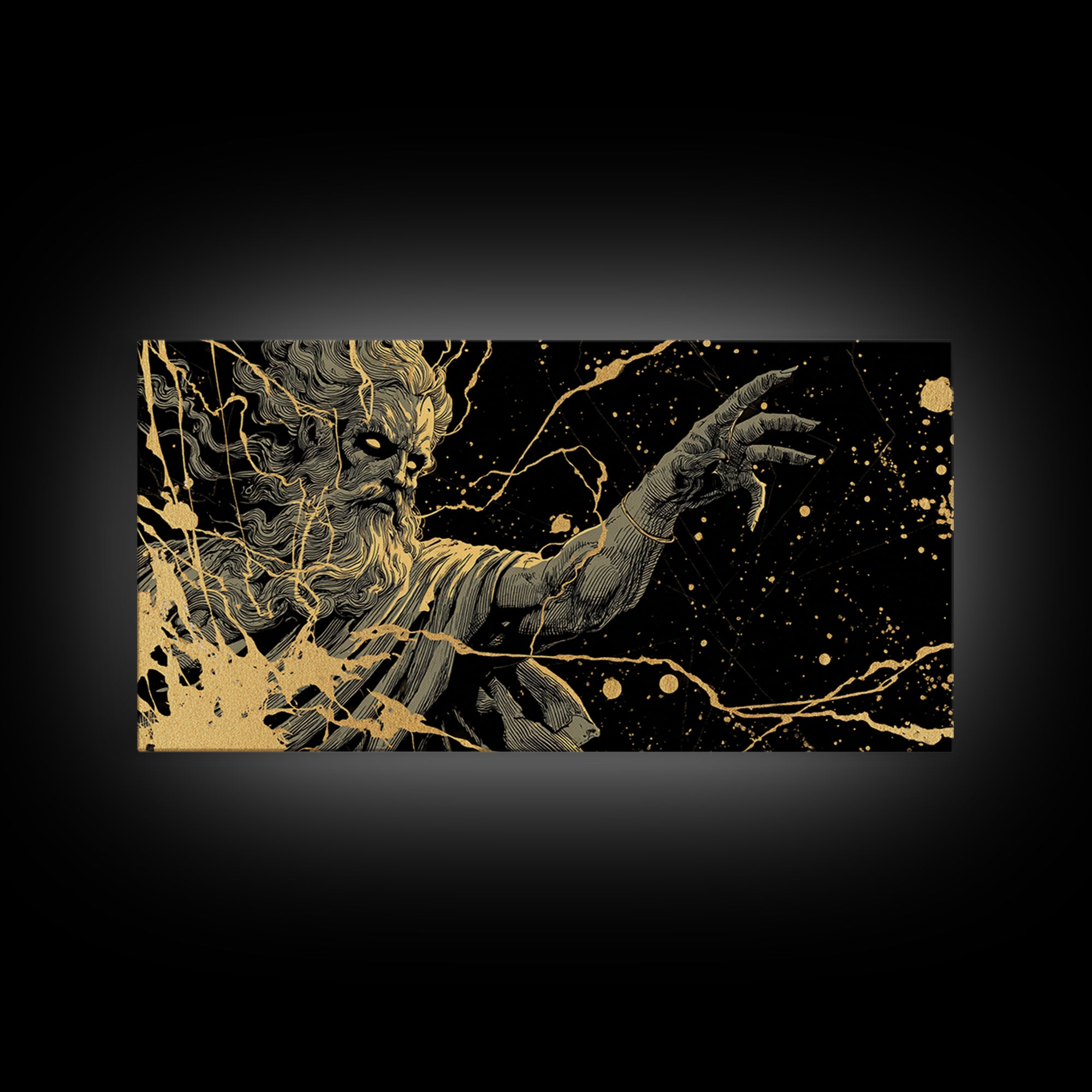 Zeus Gold Canvas Print, Real Wood Framed Greek Myth Wall Art, Lightning And Storm Luxury Decorative Canvas Artwork
