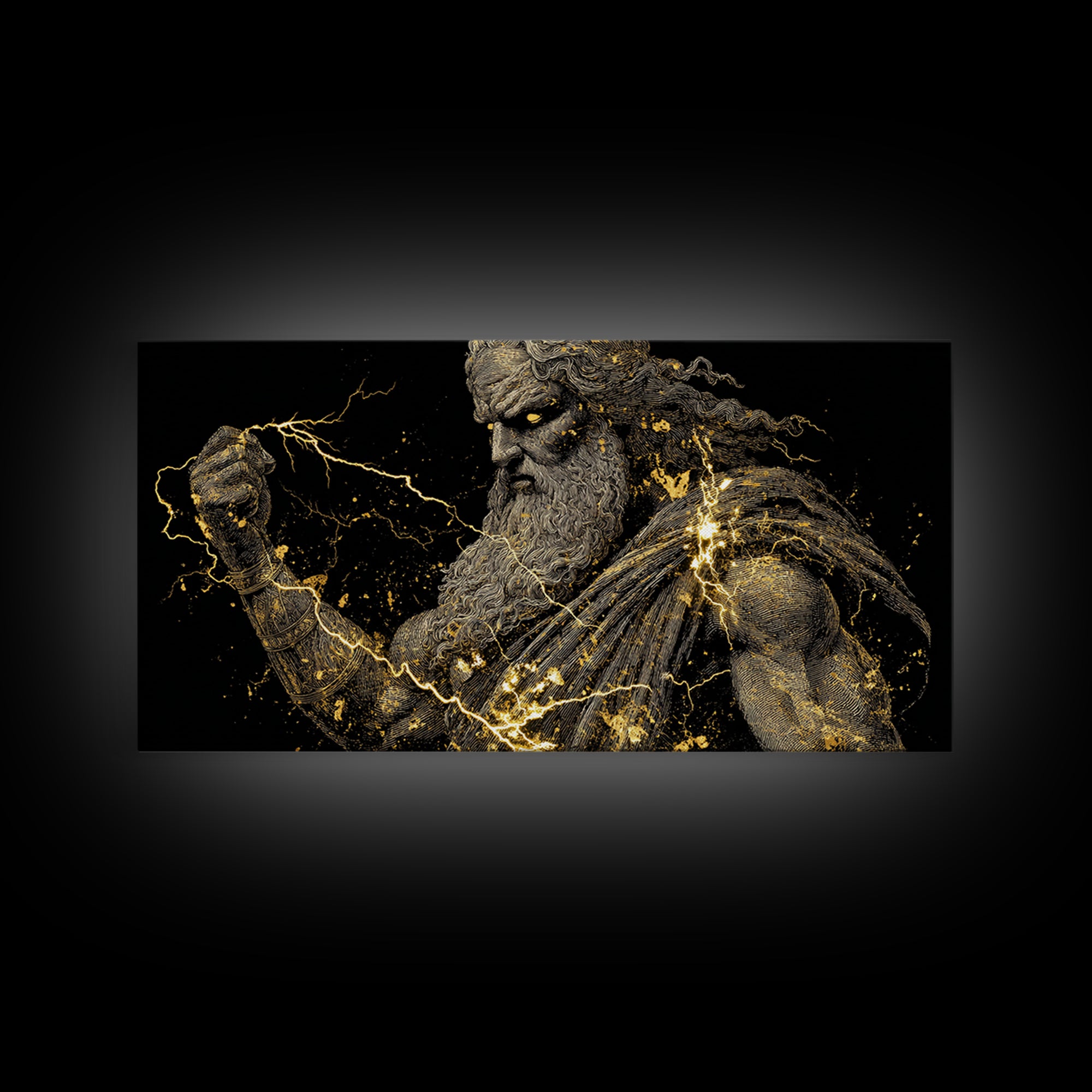 Zeus Gold Canvas Print, Real Wood Framed Greek Mythology Wall Art, Crowned Figure With Flowing Hair Decorative Artwork