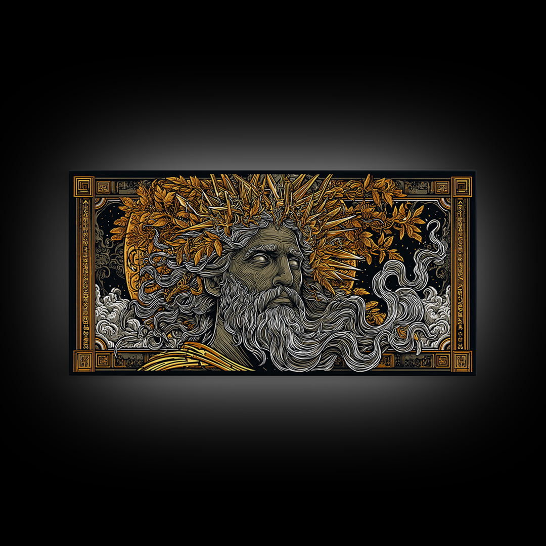 Zeus Gold Canvas Print, Real Wood Framed Greek Mythology Wall Decor, Bearded Figure With Lightning Bolt Canvas Artwork