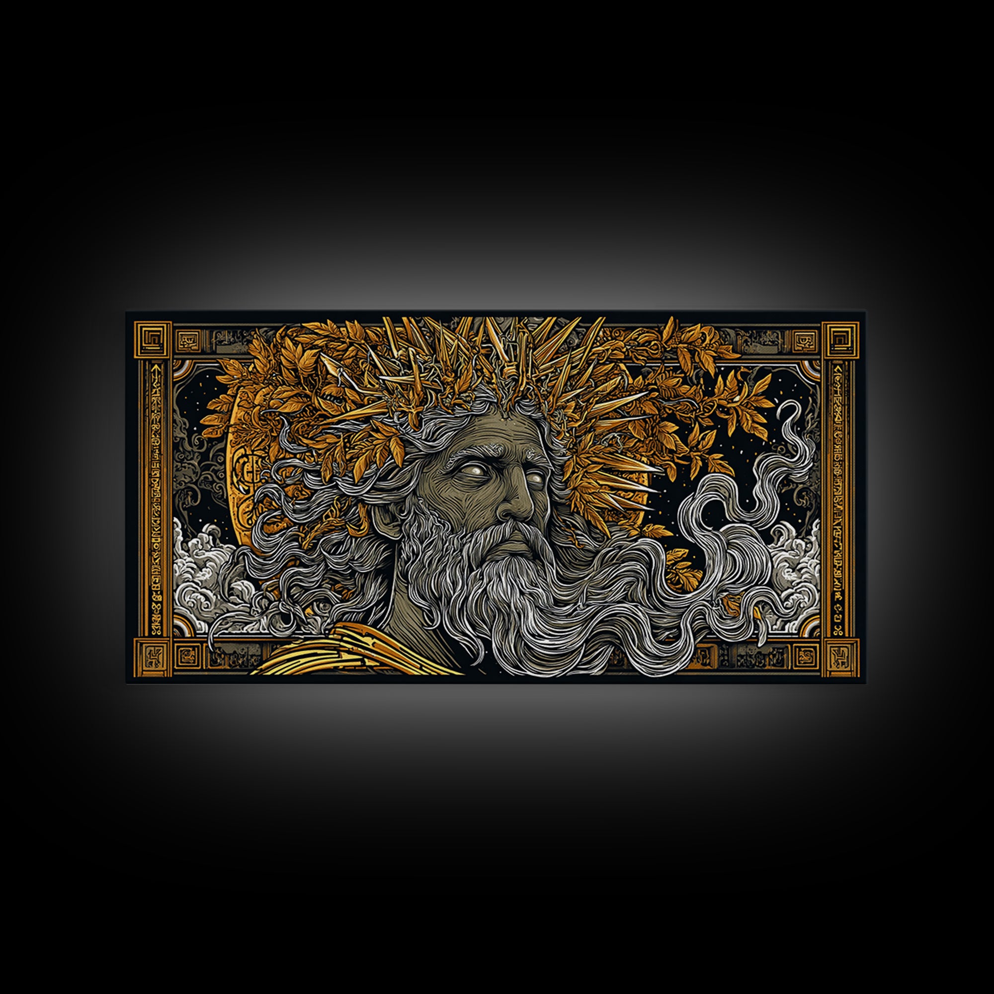 Zeus Gold Canvas Print, Real Wood Framed Greek Mythology Wall Decor, Bearded Figure With Lightning Bolt Canvas Artwork
