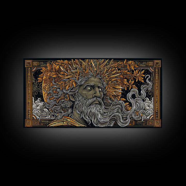 Zeus Gold Canvas Print, Real Wood Framed Greek Mythology Wall Decor, Bearded Figure With Lightning Bolt Canvas Artwork