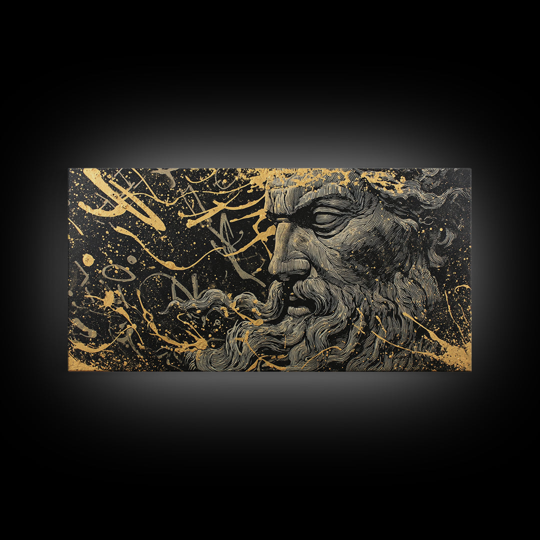 Zeus Gold Canvas Print, Real Wood Framed Greek God Wall Art, Mythological Bearded Portrait Luxury Decorative Artwork
