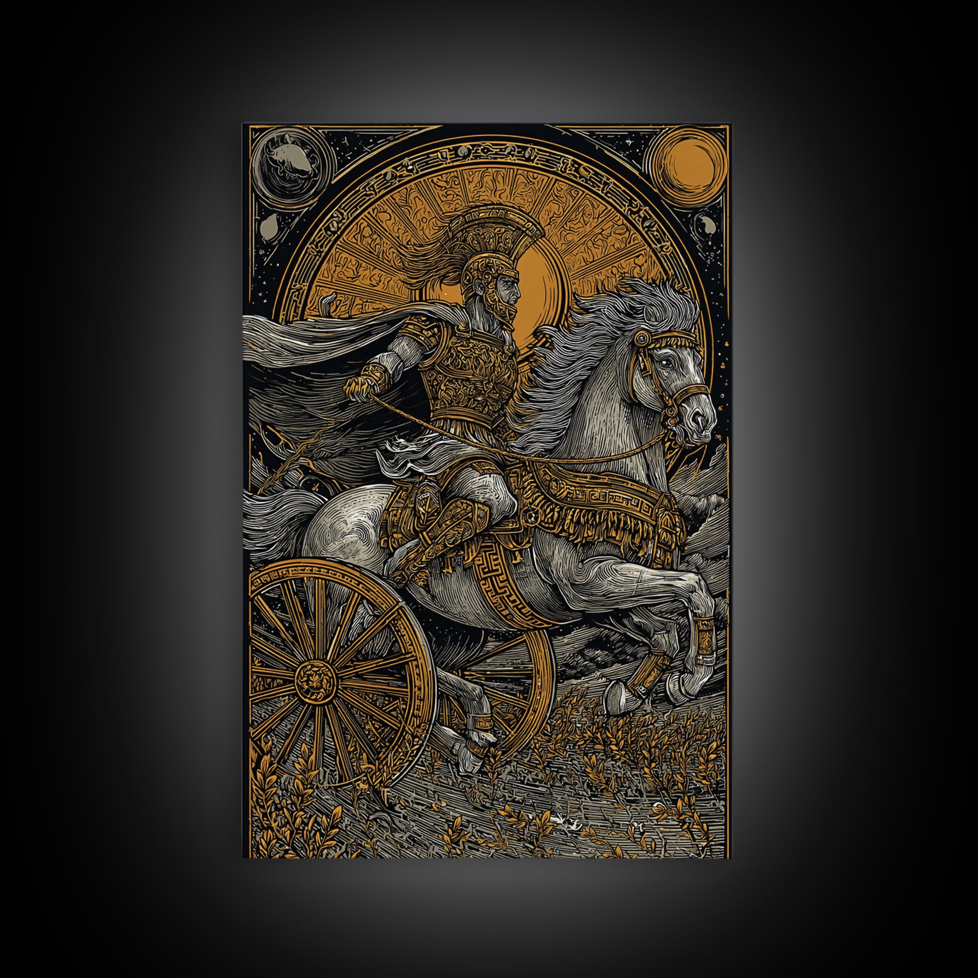 Roman Chariot Warrior with Celestial Disc – Canvas Gold Art Print, Classical Battle Scene Canvas Art, Ancient Rome Wall Decor