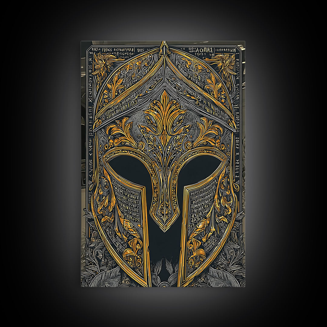 Floral Spartan Helmet with Ancient Text – Canvas Gold Art, Greco-Roman Canvas Art Print, Historical Warrior Wall Piece