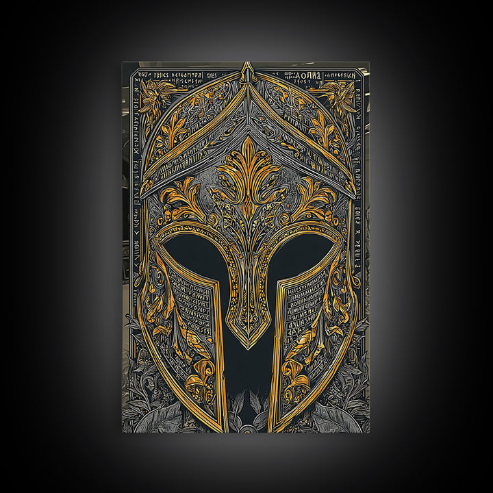 Floral Spartan Helmet with Ancient Text – Canvas Gold Art, Greco-Roman Canvas Art Print, Historical Warrior Wall Piece