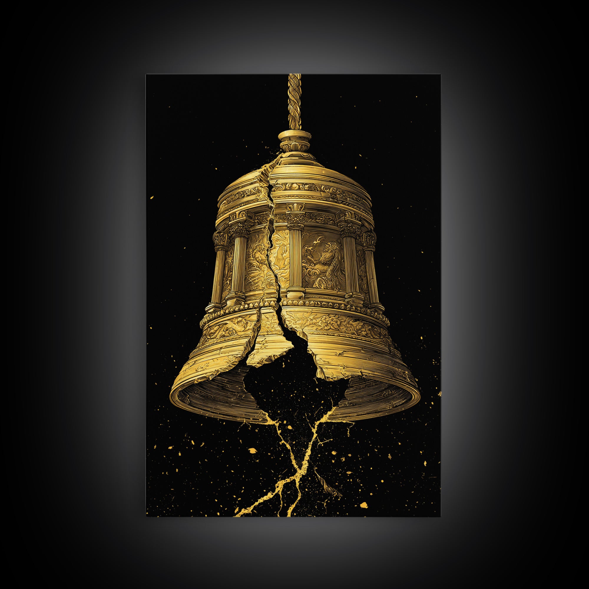 Golden Cracked Bell – Canvas Gold Canvas Print – Ancient Greek Inspired Wall Art with Real Wood Frame for Classical Decor