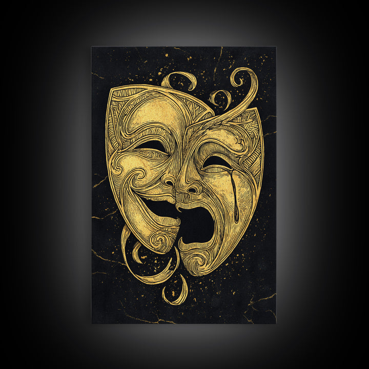 Comedy and Tragedy Theater Masks Canvas Gold Canvas Print – Dramatic Wall Art with Real Wood Frame for Home or Studio