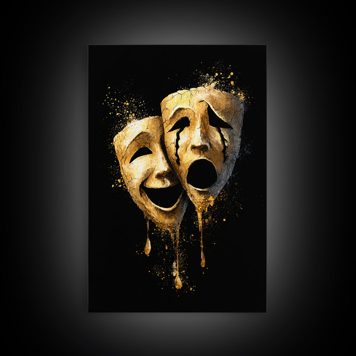 Melting Comedy and Tragedy Masks Canvas Gold Canvas Print – Emotional Theater Wall Art with Real Wood Frame