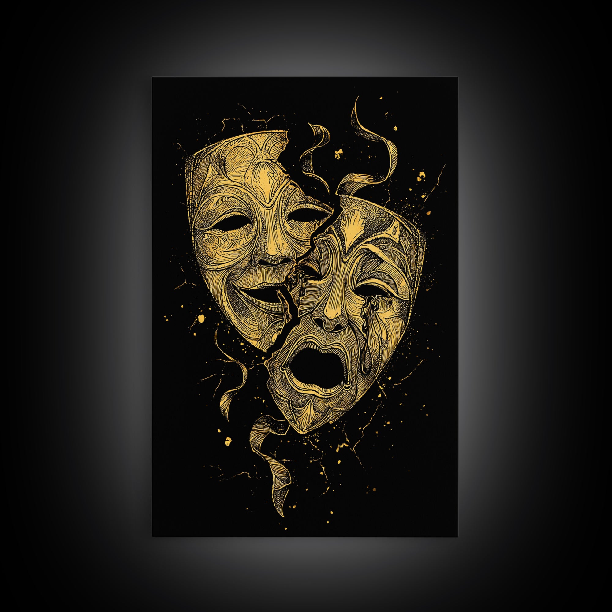 Broken Comedy and Tragedy Masks Canvas Gold Canvas Print – Dramatic Greek Theater Wall Art with Real Wood Frame
