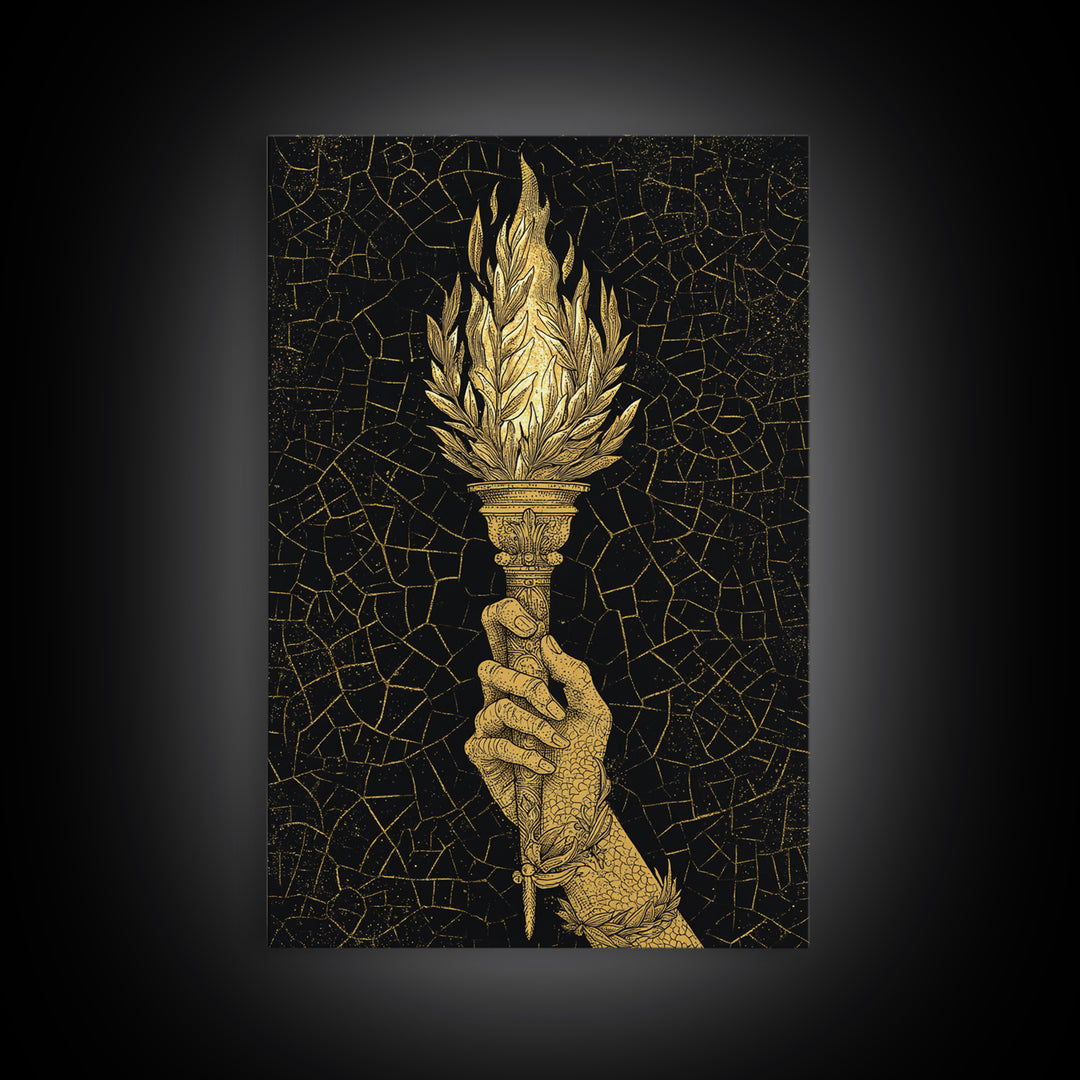 Olympic Flame Hand Holding Torch Canvas Gold Canvas Print – Classical Greek Inspired Wall Art with Real Wood Frame