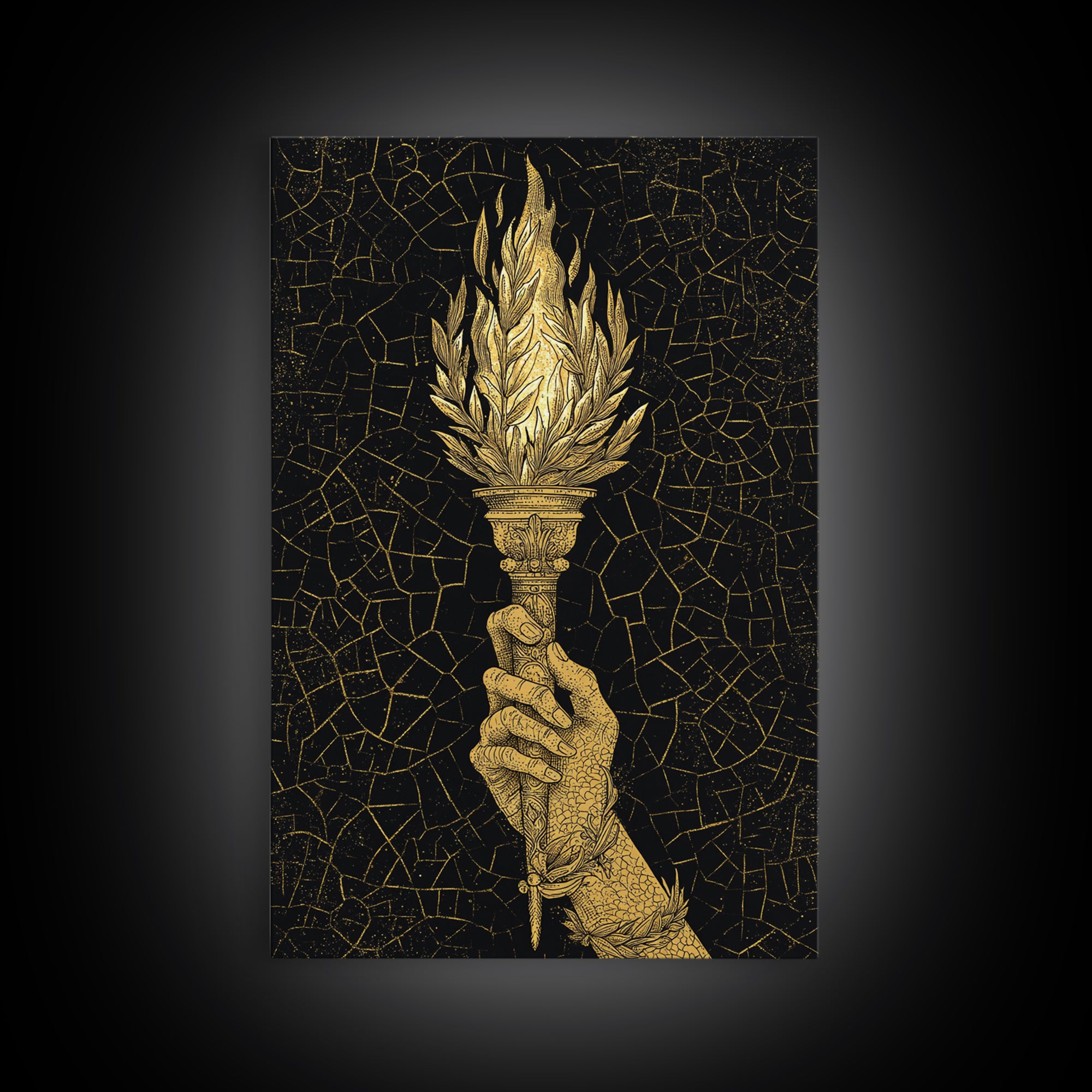 Olympic Flame Hand Holding Torch Canvas Gold Canvas Print – Classical Greek Inspired Wall Art with Real Wood Frame