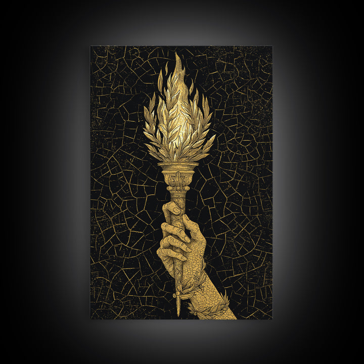 Olympic Flame Hand Holding Torch Canvas Gold Canvas Print – Classical Greek Inspired Wall Art with Real Wood Frame