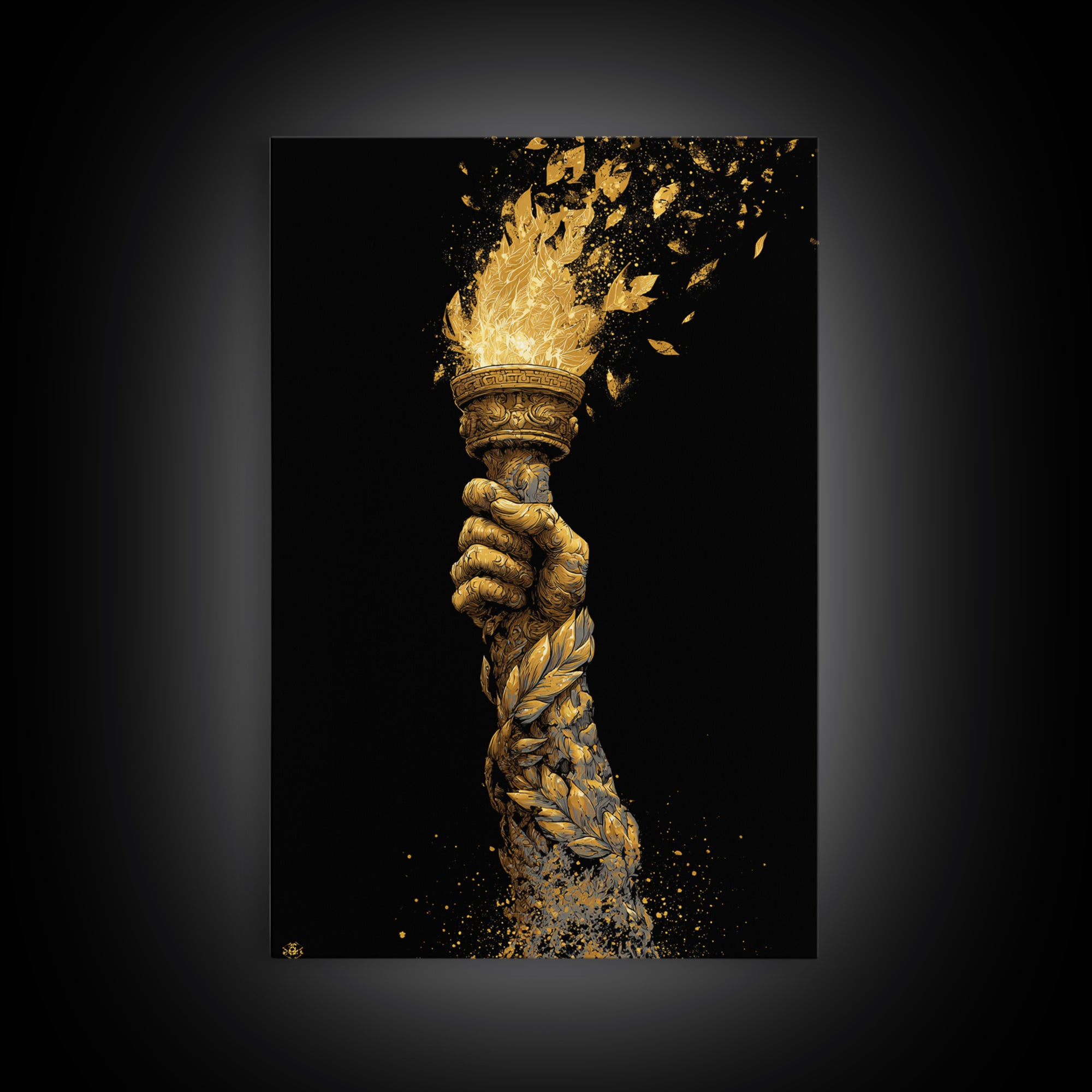 Flaming Laurel Torch Canvas Gold Canvas Print – Ancient Greek Victory Symbol Wall Art with Real Wood Frame
