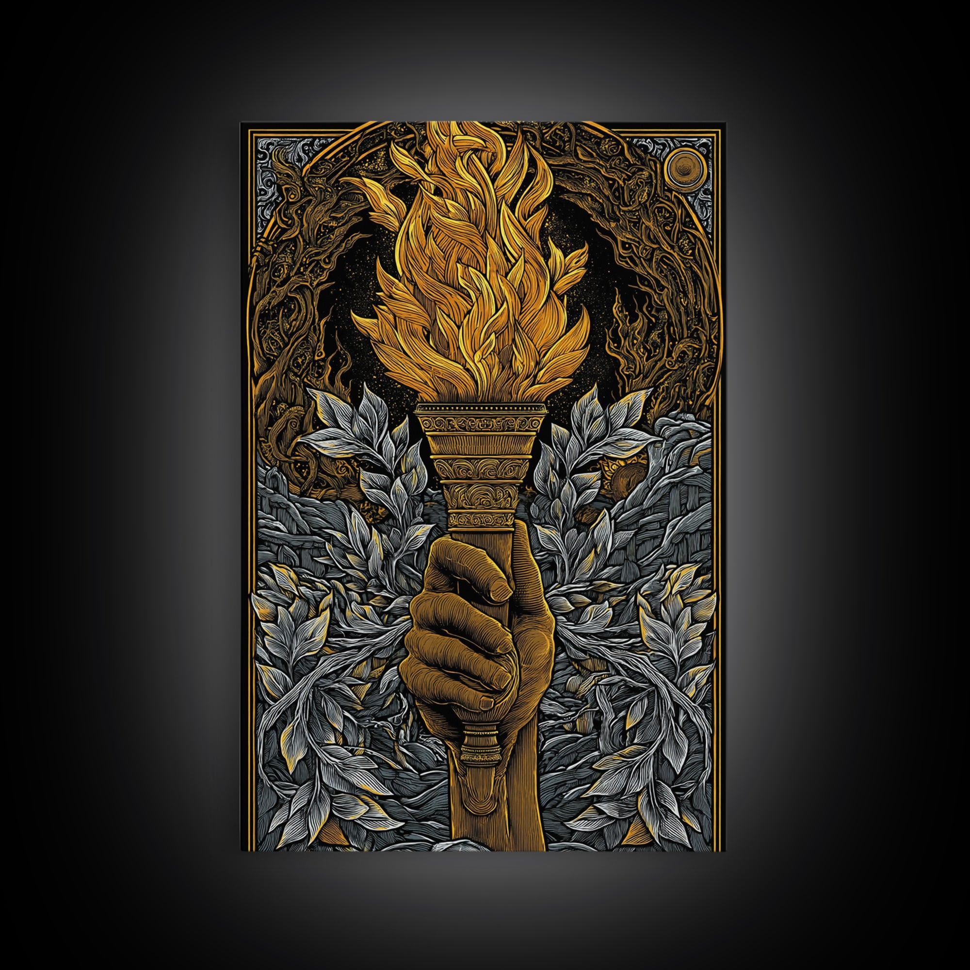 Mythic Laurel Torch Canvas Gold Canvas Print – Intricate Greek Style Wall Art with Real Wood Frame