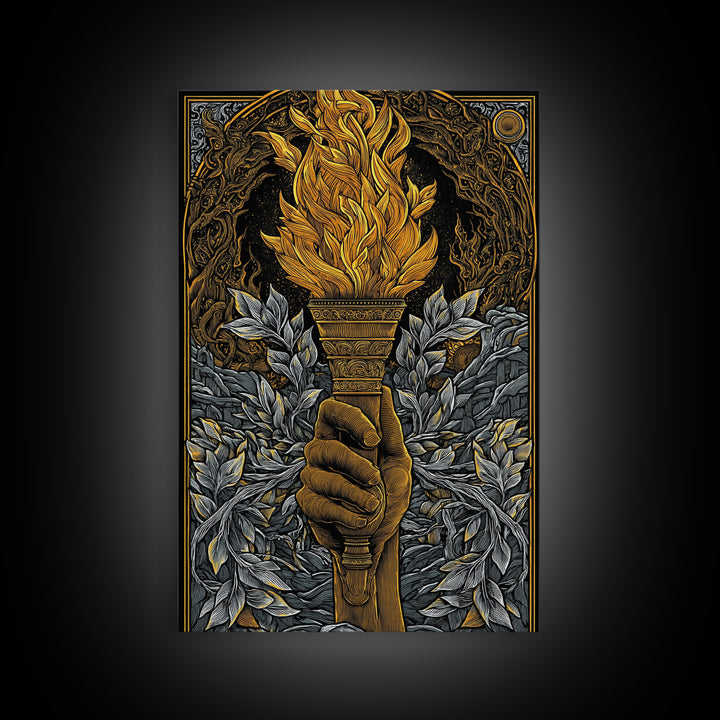 Mythic Laurel Torch Canvas Gold Canvas Print – Intricate Greek Style Wall Art with Real Wood Frame