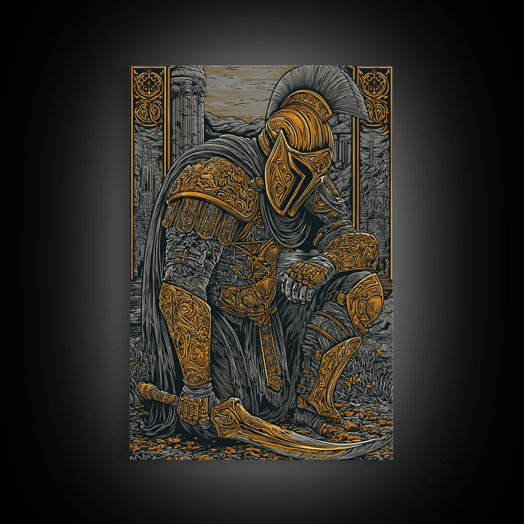 Kneeling Spartan Warrior Canvas Gold Canvas Print – Ancient Greek Hoplite Wall Art with Real Wood Frame