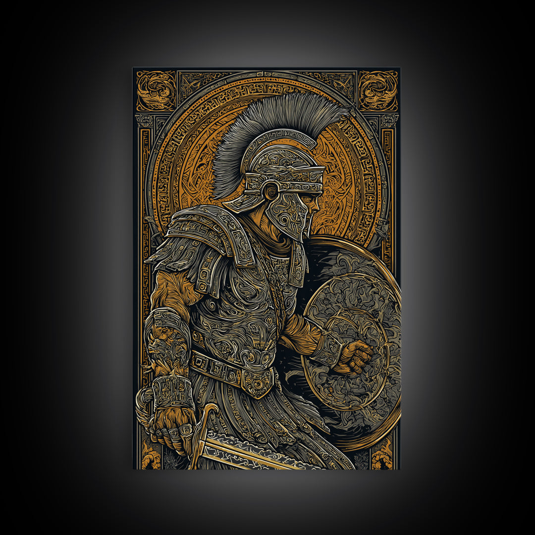Charging Spartan Warrior Canvas Gold Canvas Print – Ancient Greek Hoplite Wall Art with Real Wood Frame