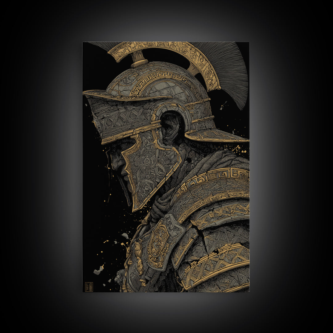 Profile Spartan Warrior Helmet Canvas Gold Canvas Print – Ancient Greek Hoplite Wall Art with Real Wood Frame