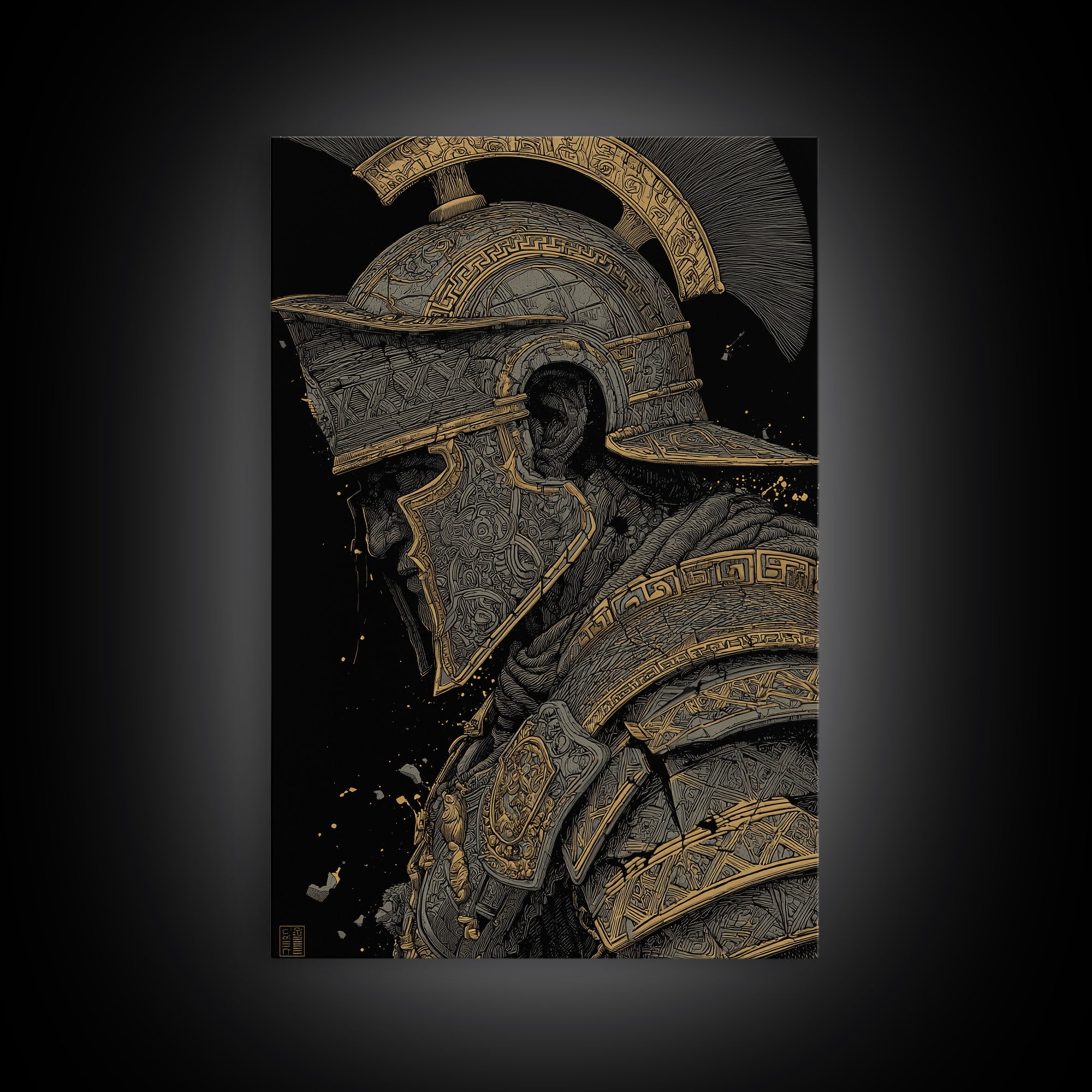 Profile Spartan Warrior Helmet Canvas Gold Canvas Print – Ancient Greek Hoplite Wall Art with Real Wood Frame