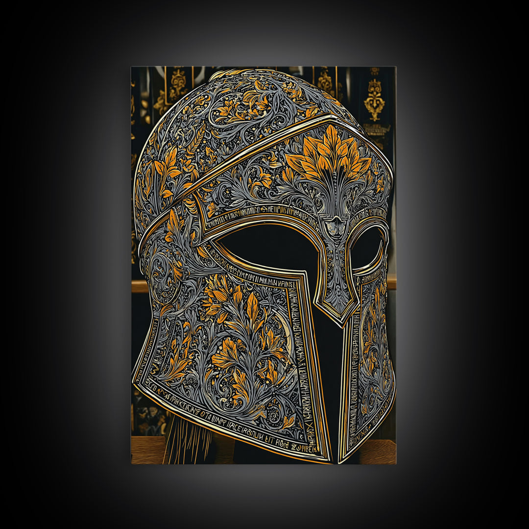 Floral Spartan Helmet with Golden Leaf Engraving – Canvas Gold Art, Real Wood Framed Canvas Art, Classic Warrior Helmet Wall Decor