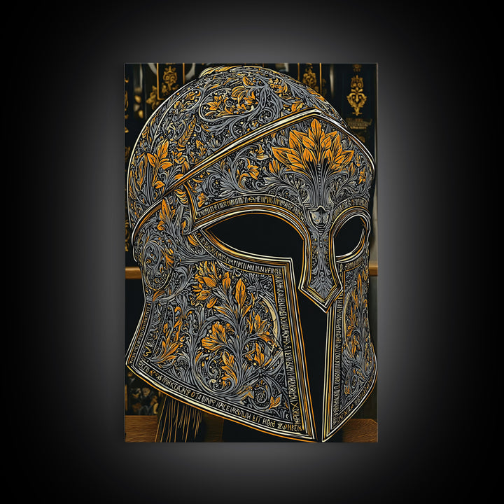 Floral Spartan Helmet with Golden Leaf Engraving – Canvas Gold Art, Real Wood Framed Canvas Art, Classic Warrior Helmet Wall Decor