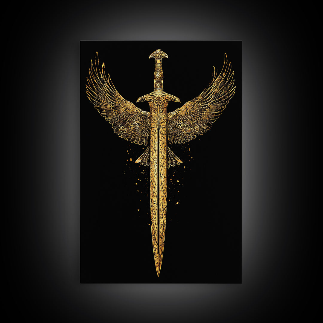 Winged Sword Canvas Gold Canvas Print – Mythical Fantasy Weapon Wall Art with Real Wood Frame for Home Decor