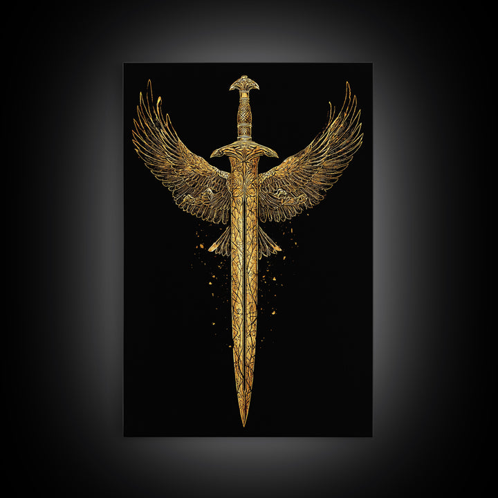 Winged Sword Canvas Gold Canvas Print – Mythical Fantasy Weapon Wall Art with Real Wood Frame for Home Decor