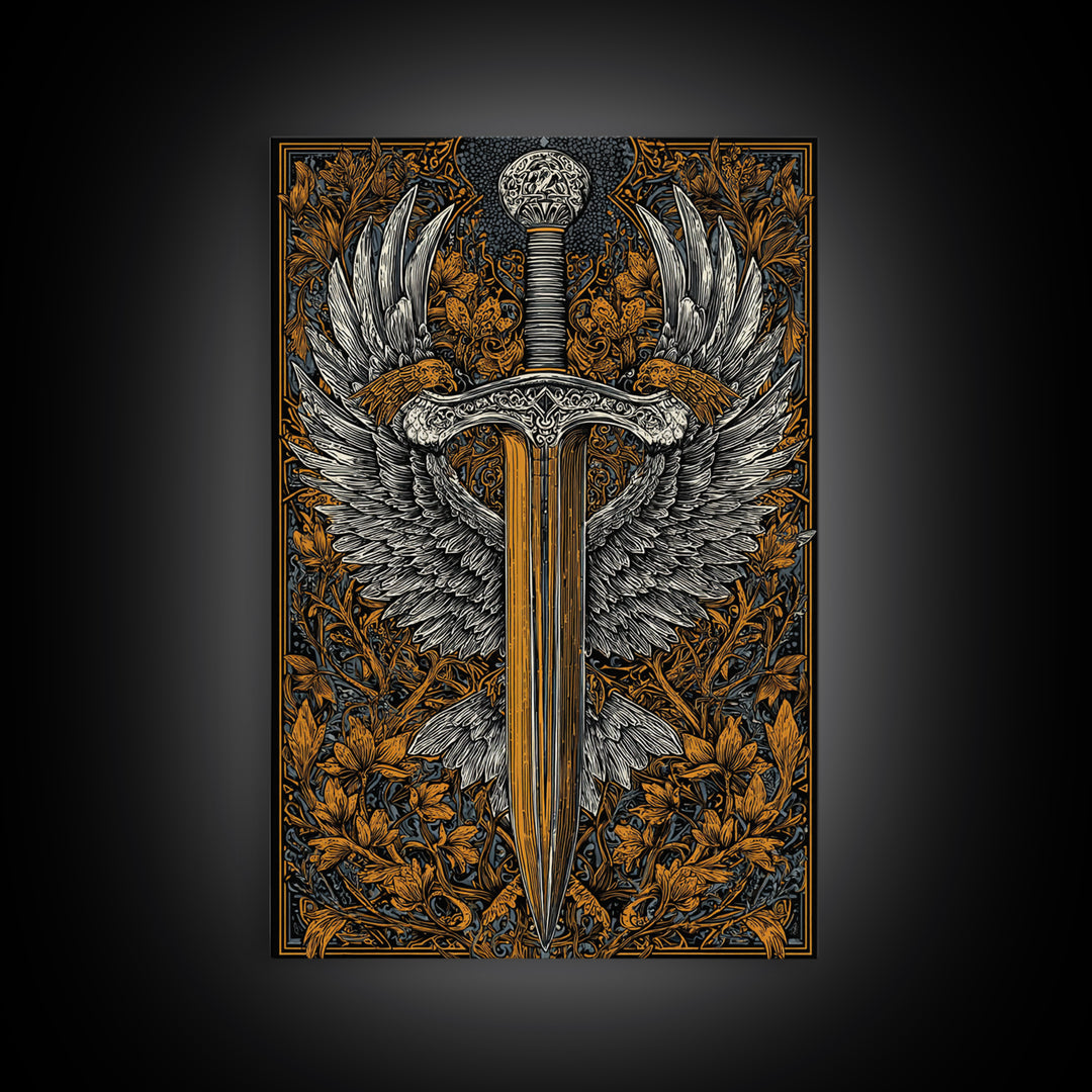 Winged Sword Canvas Gold Canvas Print – Intricate Medieval Blade with Angel Wings Design, Real Wood Frame Wall Art
