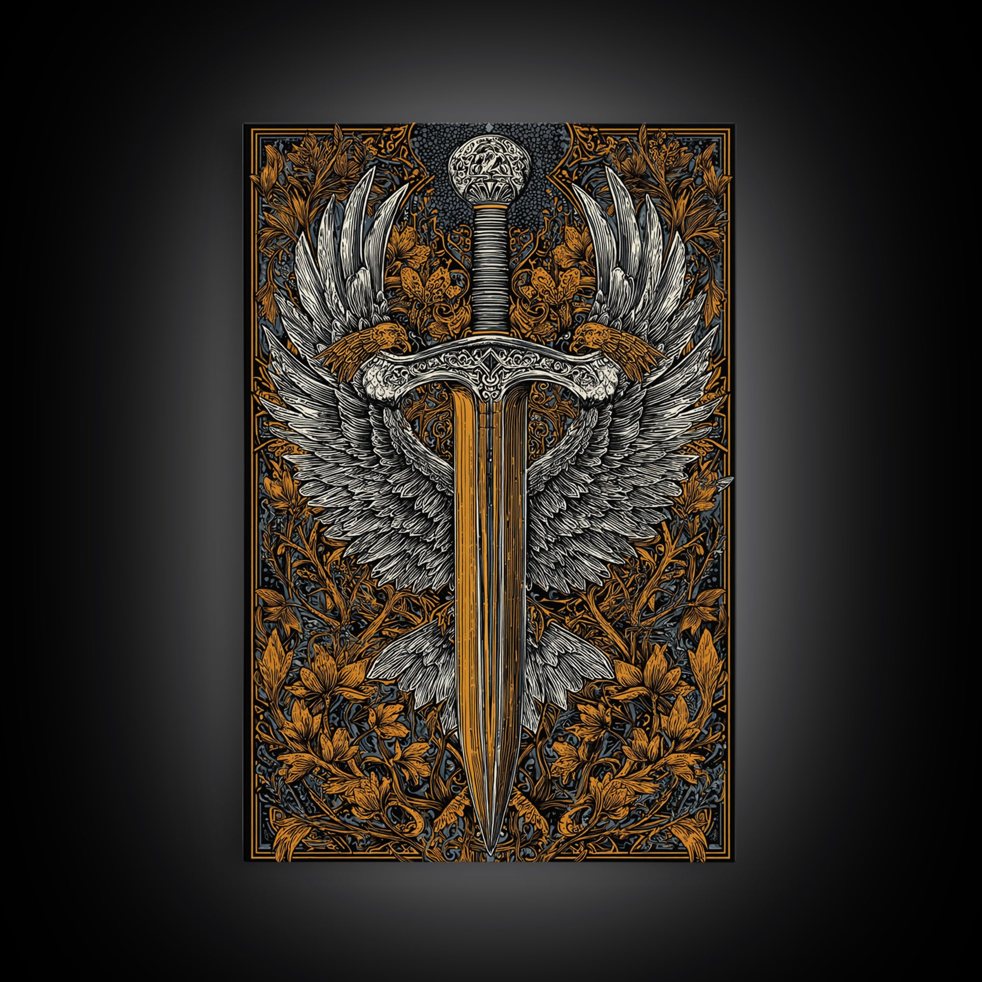 Winged Sword Canvas Gold Canvas Print – Intricate Medieval Blade with Angel Wings Design, Real Wood Frame Wall Art