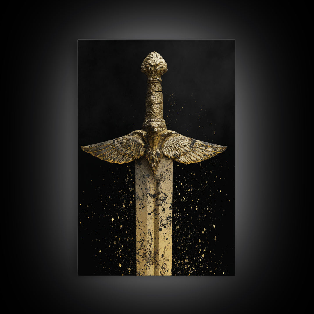 Golden Eagle Sword Canvas Gold Art – Ornate Medieval Blade with Spreading Wings, Real Wood Frame Warrior Home Décor