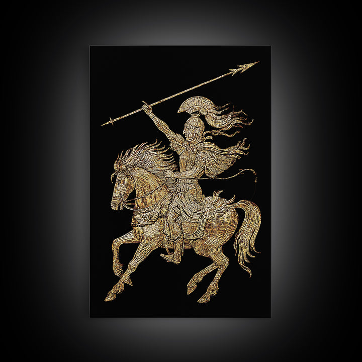 Ancient Warrior on Horseback Canvas Gold Canvas Print – Greek Mythology Spear Rider, Real Wood Frame Classical Wall Art