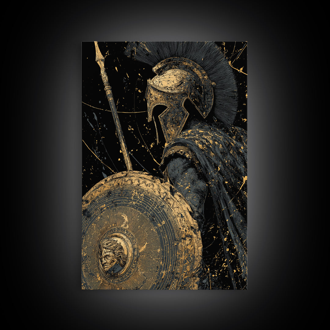 Greek Hoplite Warrior Canvas Gold Art – Spartan Spear and Shield Design, Real Wood Frame Classical Battle Scene Wall Décor