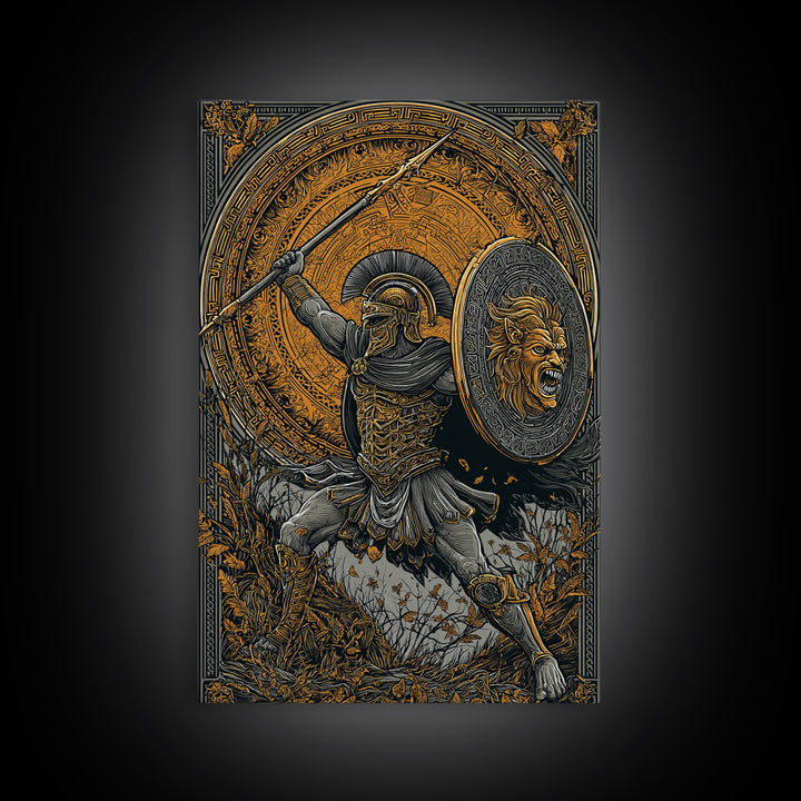 Heroic Spartan Warrior Canvas Gold Canvas Print – Lion Shield and Spear Combat Scene, Real Wood Frame Greek Mythology Art