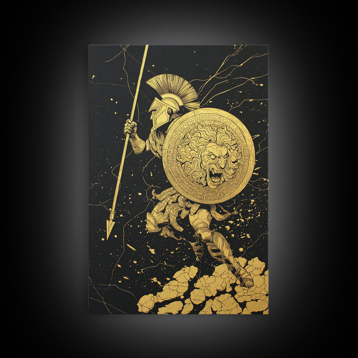 Charging Hoplite Warrior Canvas Gold Art – Greek Spear and Lion Shield Battle Pose, Real Wood Frame Ancient Warrior Wall Art