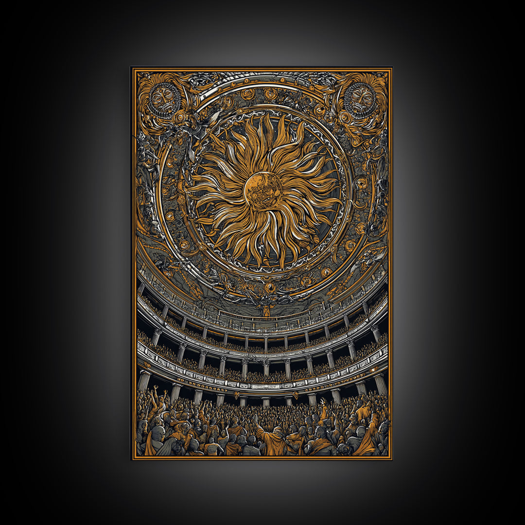 Grand Sun Ceiling Canvas Gold Canvas Print – Ornate Mythological Dome Artwork, Real Wood Frame Classical Architectural Wall Art