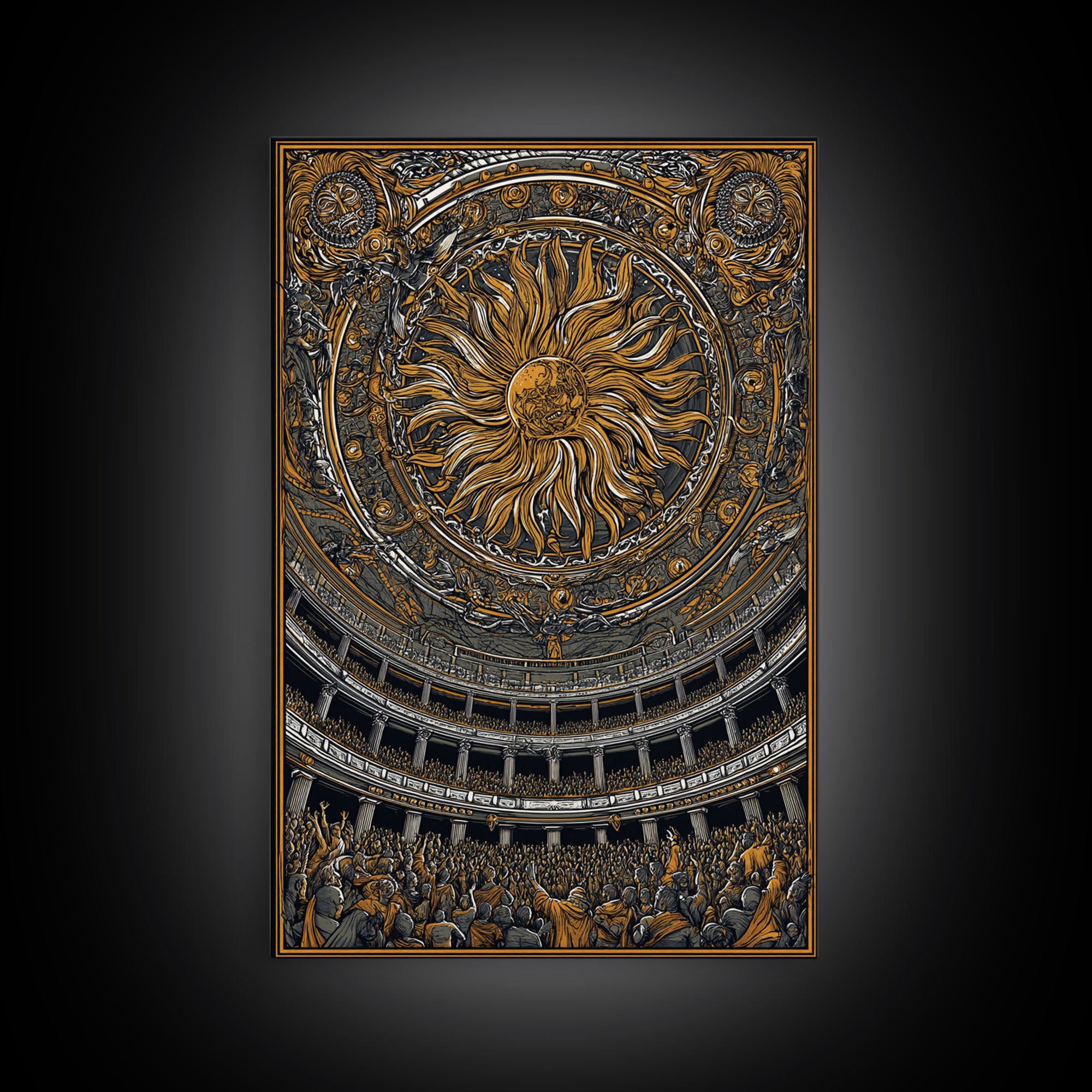 Grand Sun Ceiling Canvas Gold Canvas Print – Ornate Mythological Dome Artwork, Real Wood Frame Classical Architectural Wall Art
