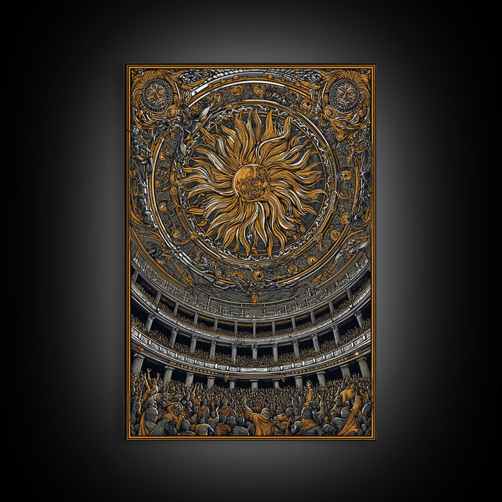 Grand Sun Ceiling Canvas Gold Canvas Print – Ornate Mythological Dome Artwork, Real Wood Frame Classical Architectural Wall Art