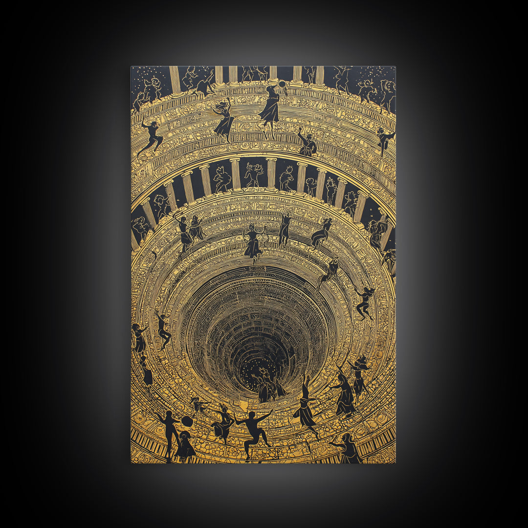 Mythic Underworld Descent Canvas Gold Art – Spiraling Figures in Ancient Pit Design, Real Wood Frame Fantasy Wall Décor