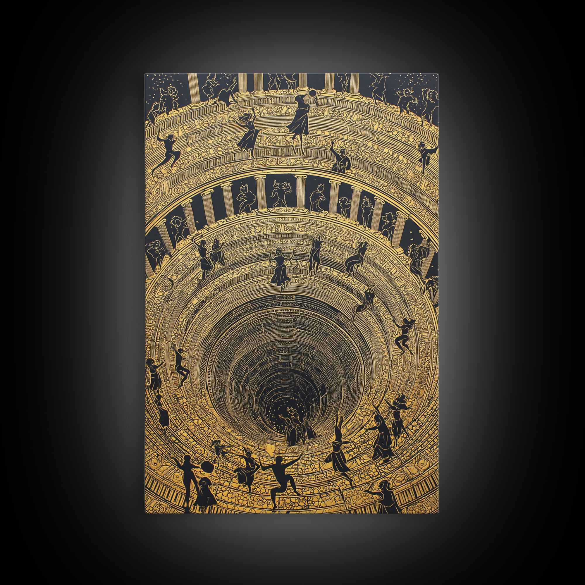 Mythic Underworld Descent Canvas Gold Art – Spiraling Figures in Ancient Pit Design, Real Wood Frame Fantasy Wall Décor