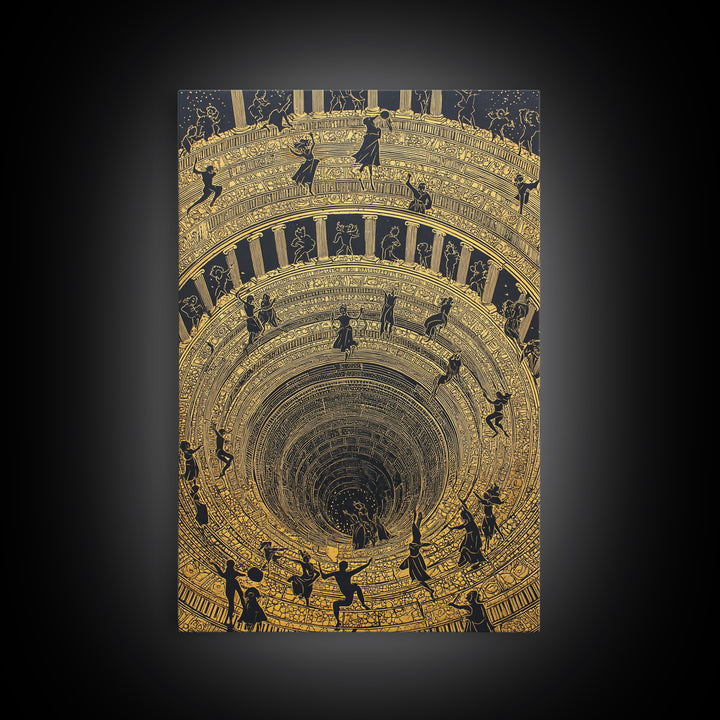 Mythic Underworld Descent Canvas Gold Art – Spiraling Figures in Ancient Pit Design, Real Wood Frame Fantasy Wall Décor