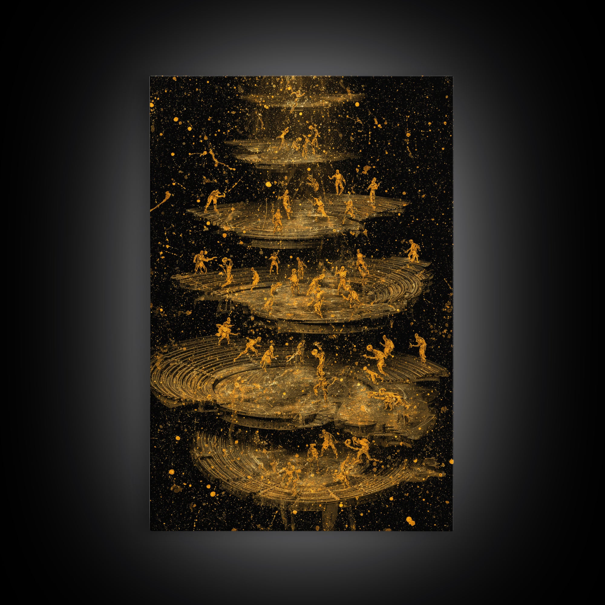 Celestial Battle Layers Canvas Gold Canvas Print – Mythological Figures Across Cosmic Rings, Real Wood Frame Fantasy Art